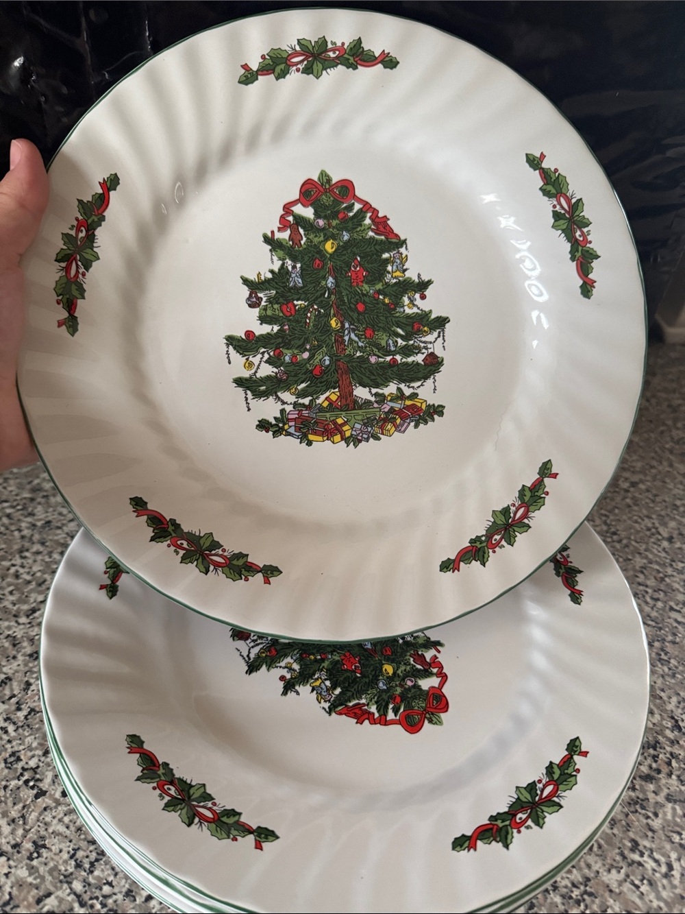 Christmas Village Classic 10.5” Holiday Christmas Tree Dinner Plate Set of 4